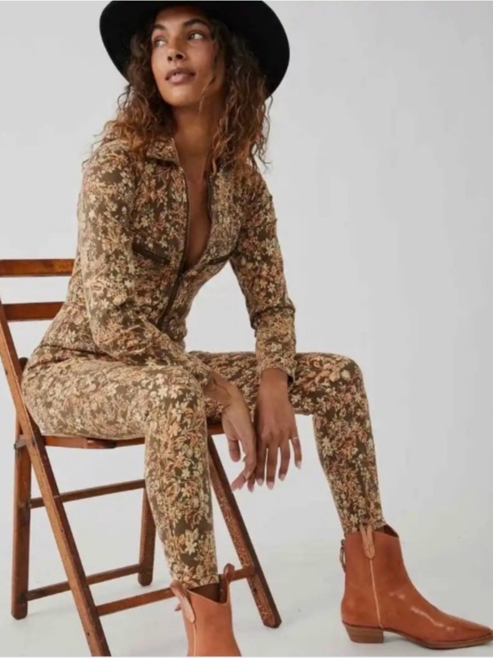 Free People Lennox Floral Denim Utility Jumpsuit Cappuccino Size S